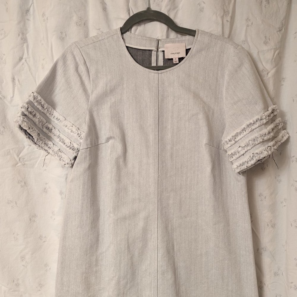 Cinq a Sept pale gray denim mini dress with cute frayed ruffles